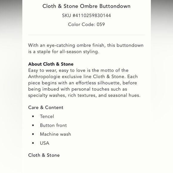 Cloth & Stone Ombré button down NWT - Picture 4 of 8